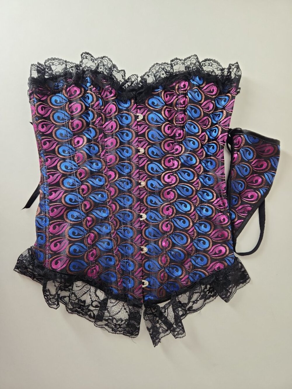 Strapless multicolor metallic peacock-eye jacquard corset top with thong sz L